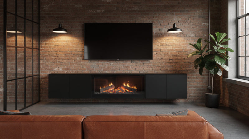Industrieel interieur met bakstenen muur, betonvloer, cognac leren bank en een zwart zwevend tv-meubel met sfeerhaard
