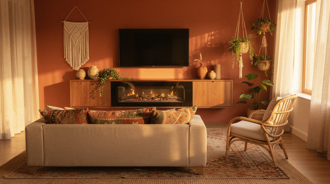 Bohemian woonkamer met terracotta wand, rotan stoel, jute vloerkleed en een walnoten tv-meubel met sfeerhaard
