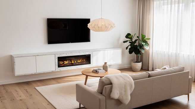 Scandinavisch interieur met witte muren, licht eiken vloer, linnen bank en een zwevend tv-meubel met sfeerhaard in marmerlook