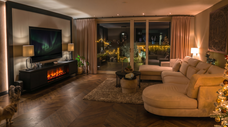 Luxe designwand met zwevende tv-kast en verfijnde geïntegreerde haard