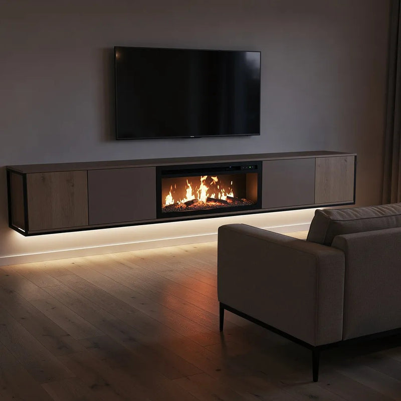zwevend tv meubel met haard avond woonkamer