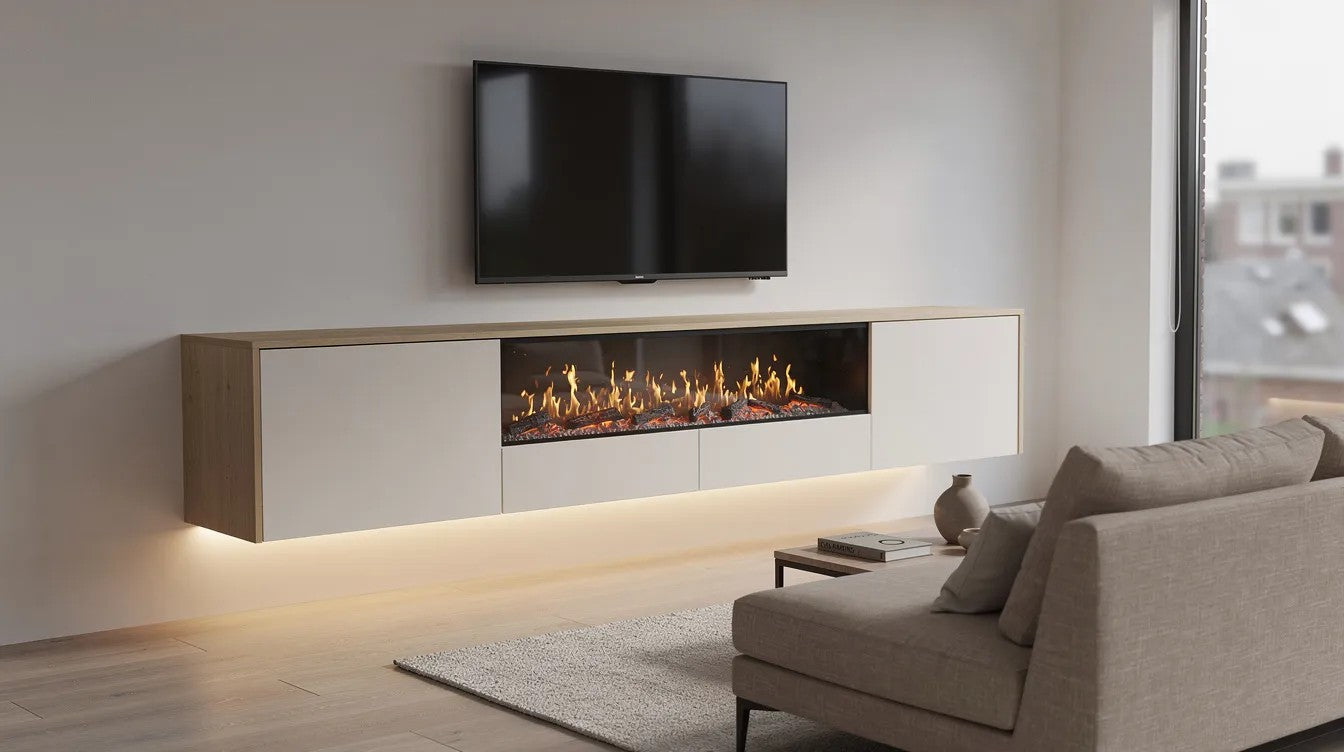 Zwevend tv meubel met haard in lichte woonkamer