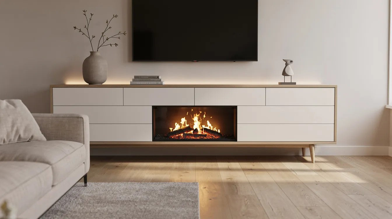 Dressoir met sfeerhaard in lichte woonkamer